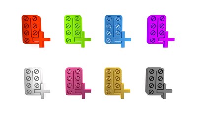 Colorful Pills in blister pack icon isolated on white background. Medical drug package for tablet, vitamin, antibiotic, aspirin. Minimalism concept. 3D render illustration