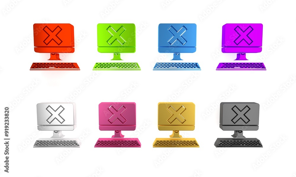 Fototapete colorful computer with keyboard and x mark icon isolated on white background. error window, exit but