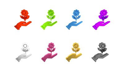 Colorful Hand holding flower icon isolated on white background. Seed and seedling. Planting sapling. Ecology concept. Minimalism concept. 3D render illustration