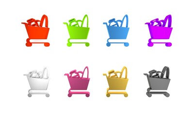 Colorful Shopping cart and food icon isolated on white background. Food store, supermarket. Minimalism concept. 3D render illustration