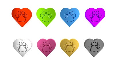 Colorful Heart with animals footprint icon isolated on white background. Pet paw in heart. Love to the animals. Minimalism concept. 3D render illustration