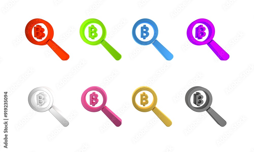Poster colorful magnifying glass with bitcoin icon isolated on white background. physical bit coin. blockch