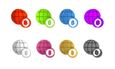 Colorful Globe and cryptocurrency coin Bitcoin icon isolated on white background. Physical bit coin. Blockchain based secure crypto currency. Minimalism concept. 3D render illustration