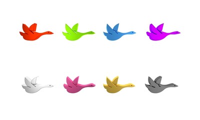 Colorful Flying duck icon isolated on white background. Minimalism concept. 3D render illustration