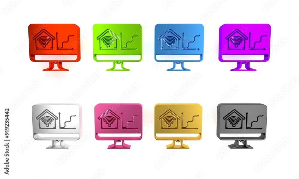 Poster colorful computer monitor with smart home with wi-fi icon isolated on white background. remote contr