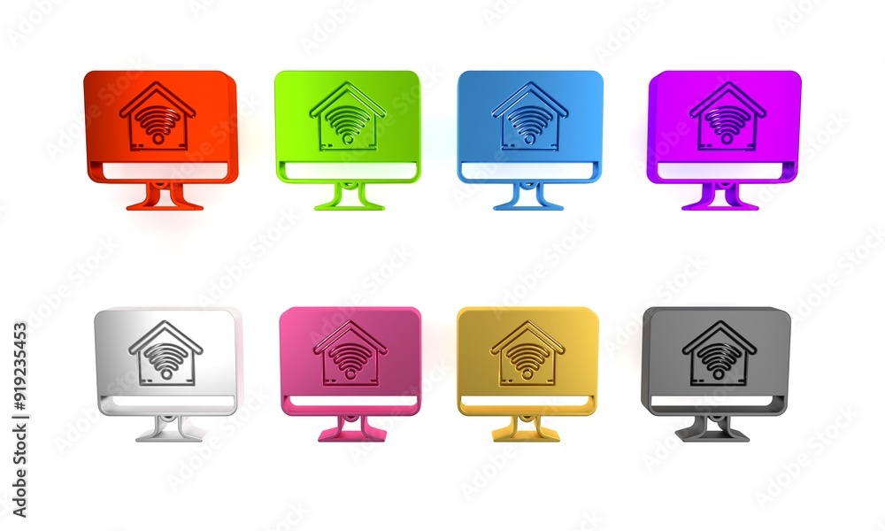 Poster colorful computer monitor with smart home with wi-fi icon isolated on white background. remote contr