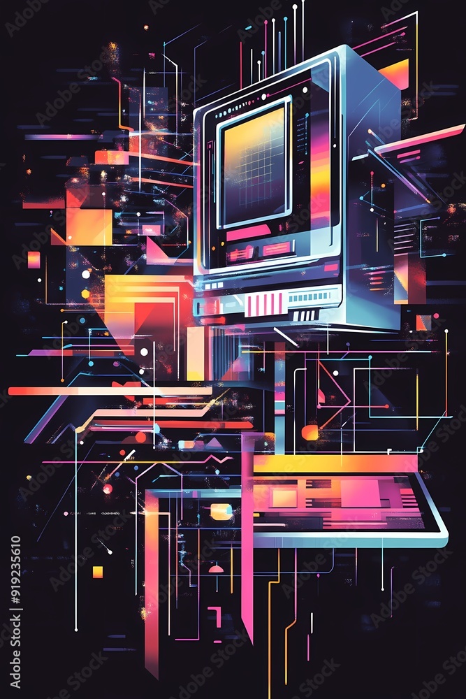 Poster a retro-futuristic illustration of a computer with a screen, keyboard and a colorful geometric backg
