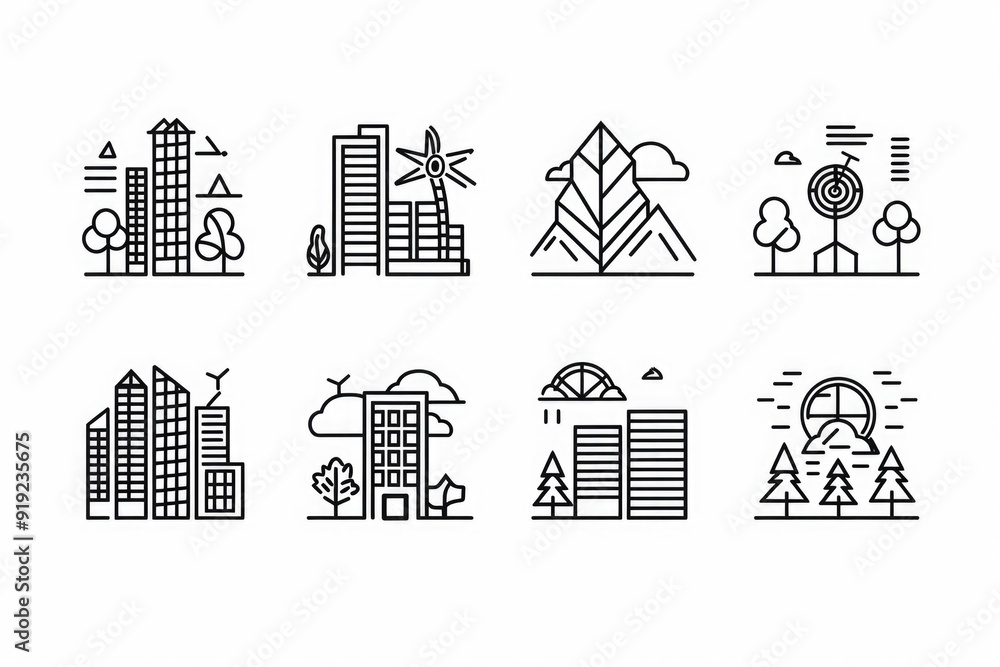 Poster Set of simple line icons illustrating diverse building styles, suitable for architecture or urban planning illustrations