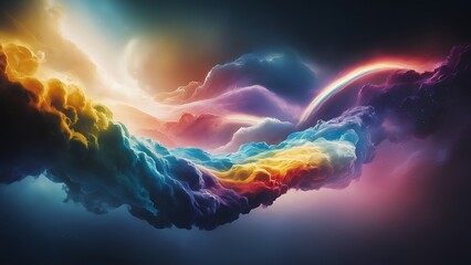 Abstract cosmic nebula wave clouds background landscape wallpaper design, blue, yellow, purple, red color lighting and dynamic rainbow universe