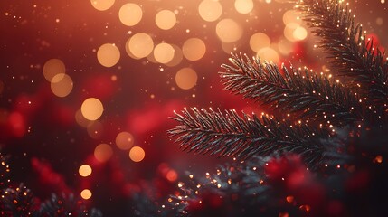 Fototapeta premium Holiday design frame showcasing fir branches and golden glitter, with glowing bokeh lights on a red background, perfect for Christmas themes.