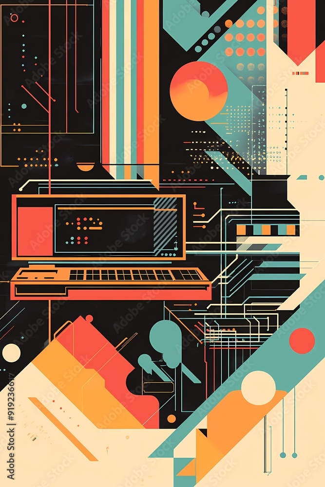 Poster abstract colorful geometric background with a retro computer.