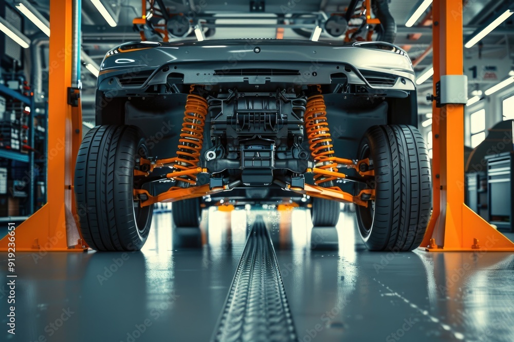 Poster mechanics work on vehicles in a modern factory setting