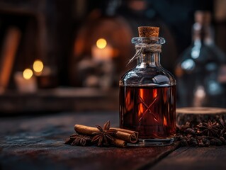 A vintage-style cocktail setup features a liqueur bottle, fusion spices, and a rustic wooden table. 