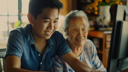 Obraz premium Grandson Teaching Elderly Grandmother How to Use a Computer at Home
