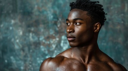 Young man with muscular physique poses confidently against a textured blue backdrop