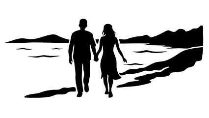 Black and White Outline of Couple Walking by the Beach - Graphic Design