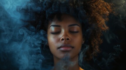 Young woman meditating amid swirling smoke in a tranquil setting