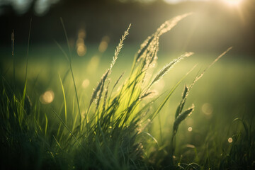 Obraz premium Green grass with dew drops . Summer meadow close-up. Morning sun and fog. Generative Ai