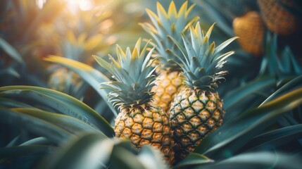 Fototapeta premium Fresh pineapple fruit growing in plantation field in farm