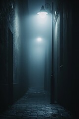 A bright white street lamp casting a pool of light in a dark, foggy alley. 