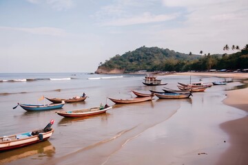 summer seascape Pangandaran, West Java, coast with boats on the water