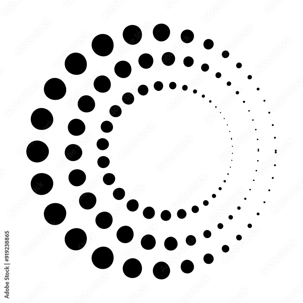 Poster halftone dotted speed lines circle. geometric art in circle form. round swirl movement symbol. halft