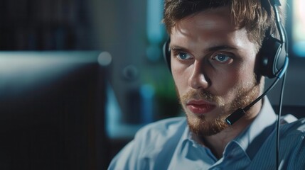 A focused young man wearing a headset and looking intently at a computer screen.  He is likely working on a task that requires concentration. Commercial use