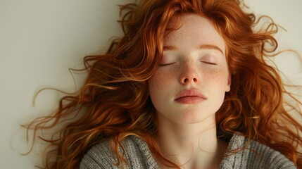 Naklejka premium Young woman with long red hair resting peacefully on a light background in soft natural light
