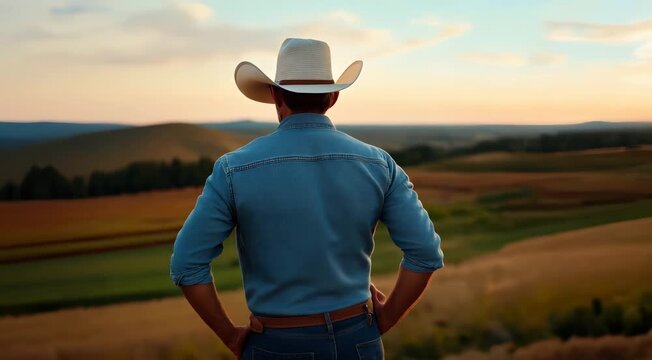 A man wearing a cowboy hat and denim shirt stands in an open field at sunset, looking at the horizon.