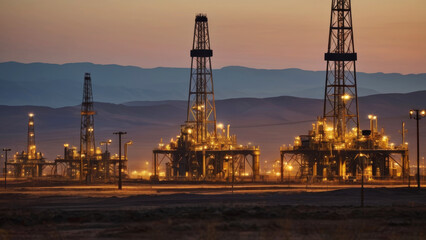 Oil field for extracting fossil fuels from the ground. Oil drilling rigs in the desert at sunset
