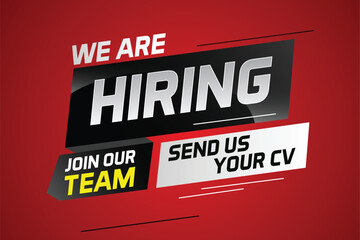 Obraz premium Hiring recruitment design for banner poster. We are hiring lettering with geometric shapes lines. Vector illustration typographic. Open vacancy design template