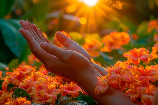 Hands reaching out among vibrant orange flowers at sunset in a lush garden, copy space for text, praying scene, meditation scene