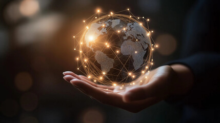 Hand holding glowing digital globe with interconnected lines.