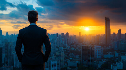Fototapeta premium Silhouette of businessman looking at city skyline sunset.