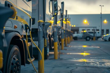 Electric trucks charging in industrial parking lot at twilight. Modern and sustainable transport. Conceptual image capturing the shift to eco-friendly logistics. High quality, stock photo. AI