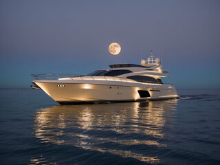 A luxury motor yacht illuminated by soft, ambient lighting as it glides through calm, moonlit...