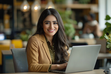 Happy latin hispanic young business woman working on laptop computer in company office. Smiling Indian entrepreneur manager businesswoman using pc for communication, learning at workplace