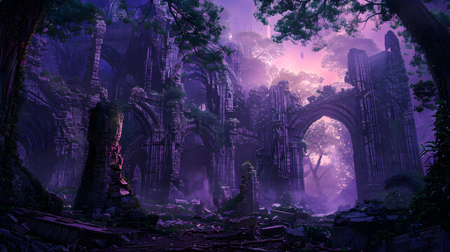 Fantastic ruins in another world, at evening.
