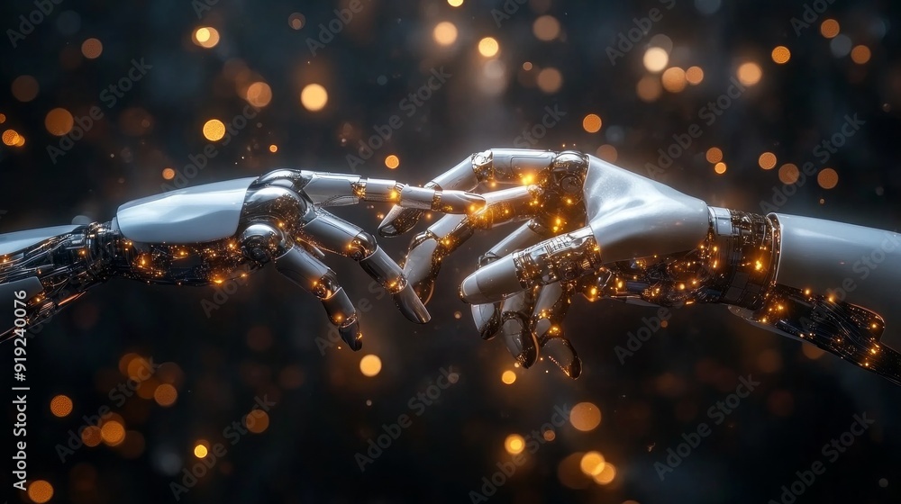 Poster Two robotic hands are touching each other in a blurry image