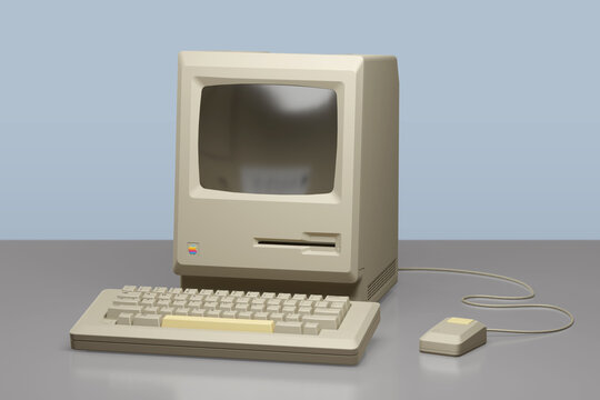 Apple Macintosh 128K Computer on a desk. 3d illustration.