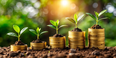 Gold coins sprouting from the soil, symbolizing investment growth.