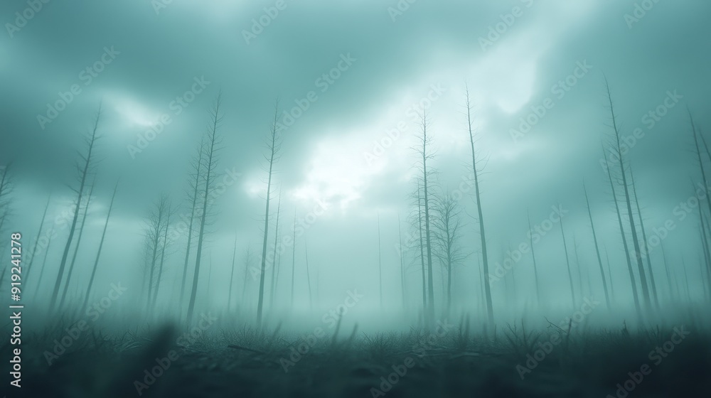 Poster a forest with trees that are mostly dead and the sky is cloudy