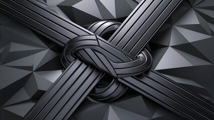 Obraz premium 3D geometric knot wallpaper with black decorative stripes on a polygonal surface. High quality seamless texture