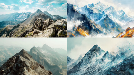 Watercolor salt texture on mountain peaks, majestic vistas, and rugged terrain 