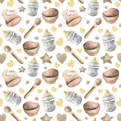 A charming watercolor pattern showcasing baby feeding essentials, including bottles, bowls, spoons, and a bib, surrounded by stars and hearts. This delightful design is perfect for baby products