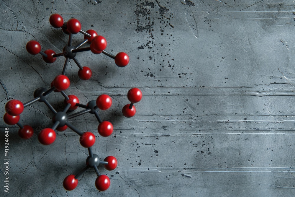 Poster a close-up shot of multiple red and black balls arranged on a metallic surface