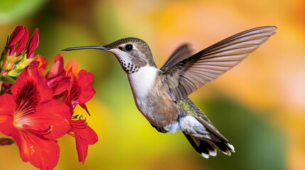 Fototapeta premium A close-up of a hummingbird hovering near a bright red flower, with its wings a blur and the vibrant colors of the petals in sharp focus