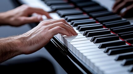 A close-up of a musician s hands playing a grand piano, with the glossy black and white keys reflecting the soft light of a dimly lit room