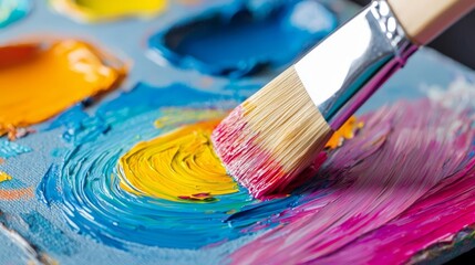 Fototapeta premium A close-up of a painter s brush mixing vibrant colors on a palette, with the textures of the paint and canvas visible in the background
