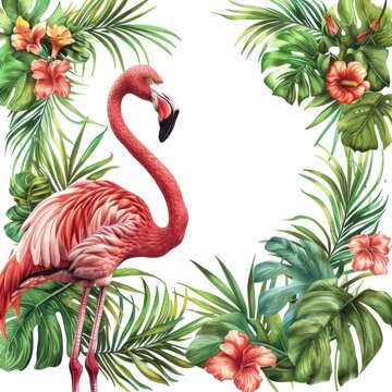 pink flamingo tropical leaves frame clip art preview